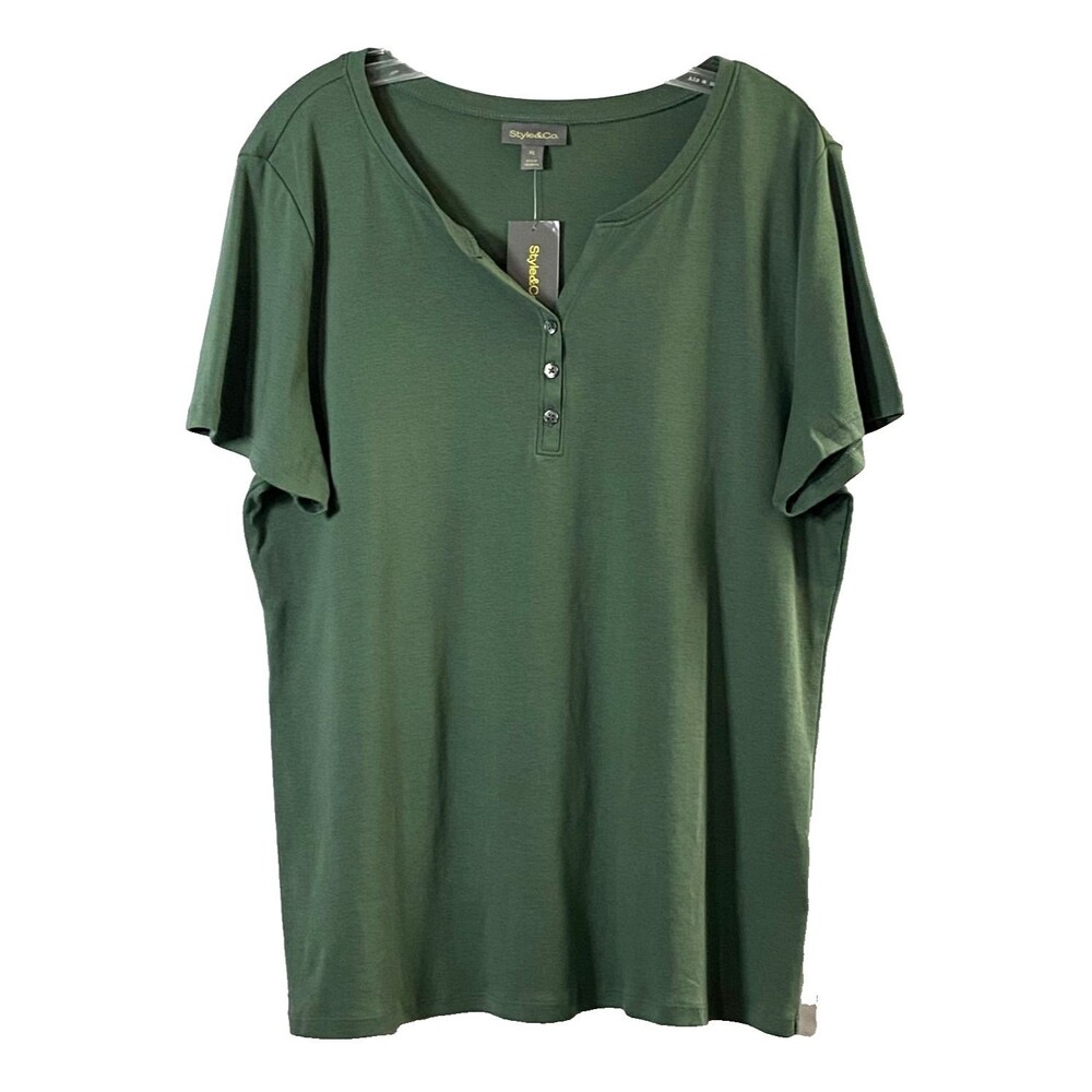 Style & Co Henley Button T Shirt Size XL Blooming Cactus Green Short Sleeves NWT